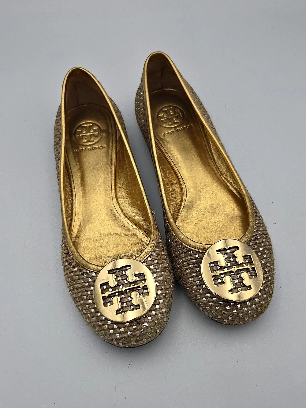 Tory Burch Reva Brown & Gold Flats Size 7.5